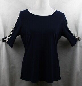 89th + MADISON Navy Blue w/ White Piping Poly Blend Stretch Blouse SZ M EUC